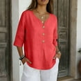 thumbnail image 2 of OIOLOYJM 3/4 Length Sleeve Womens Tops V Neck Cotton Linen 3 Button T Shirts Spring Summer Beach Casual Boho Vacation Tops Red L, 2 of 6