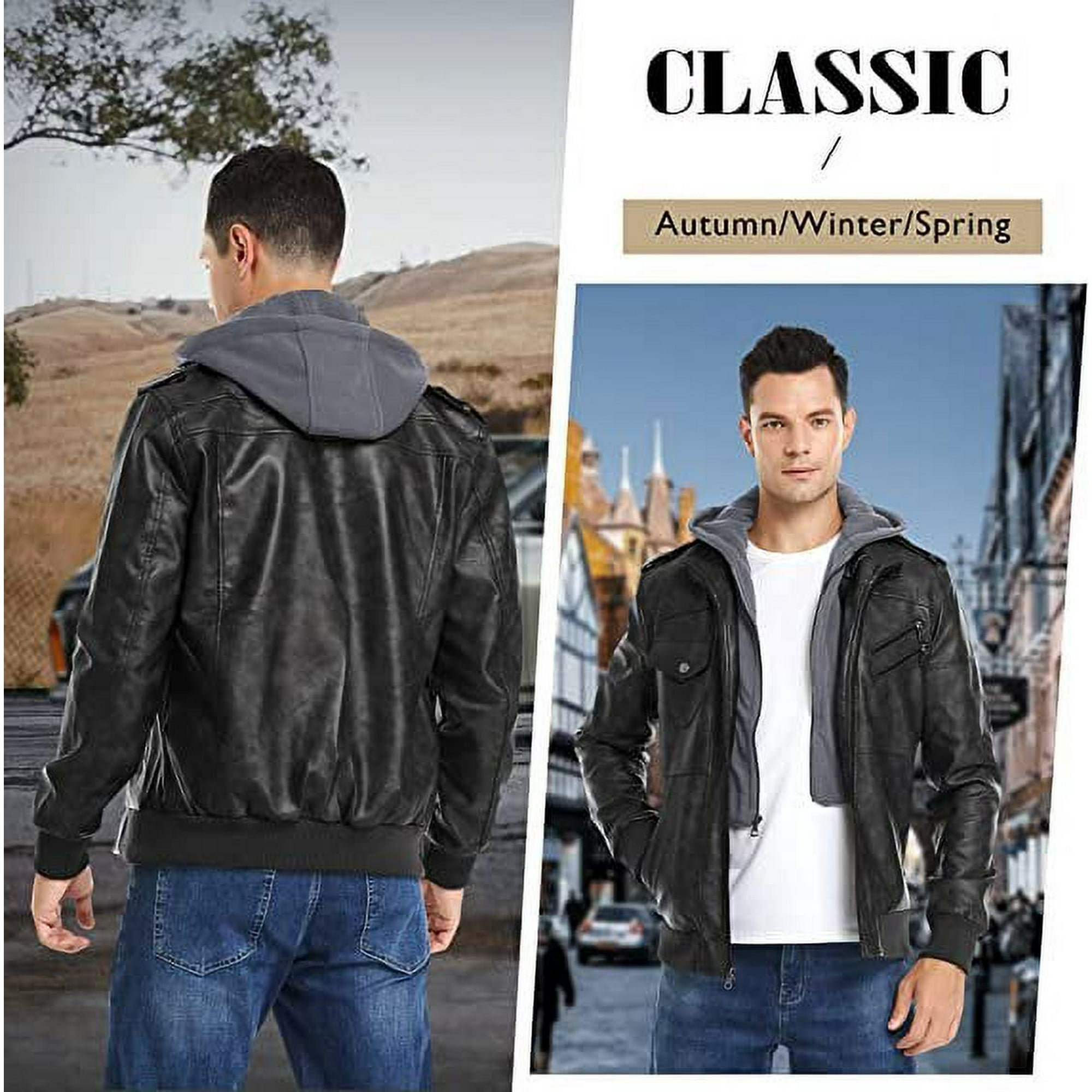 Motorcycle Jacket for Men Casual Faux Leather Bomber Jacket with Removable Hood