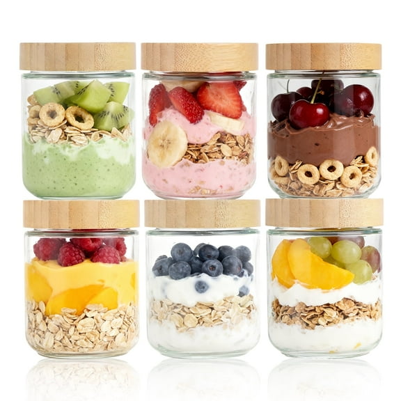 Lumikrypt 6Pack 16Oz Overnight Oats Containers with Bamboo Lids, Glass Jars with Airtight Lids, Glass Food Storage Containers, Ideal for Snacks, Yogurt, Spices, and Sweets