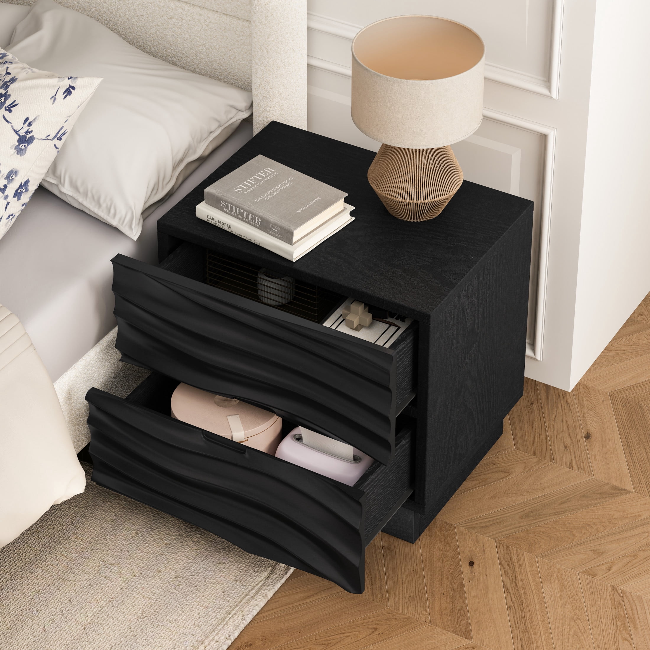 GDF Studio Solid Wood Nightstand with 2 Drawers, Handle-Free Design, Silent Metal Slides, Black