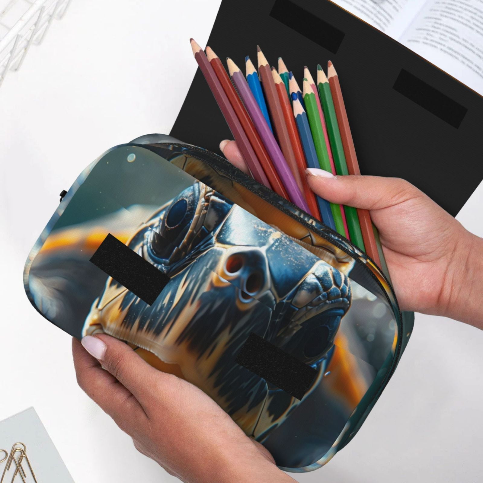 Rateoe Realistic Cute Sea Turtle Pattern Double Clamshell Pen Case, Storage Organizer with Two Zipper Compartments– Holds Up to 50 Pencils & Pens