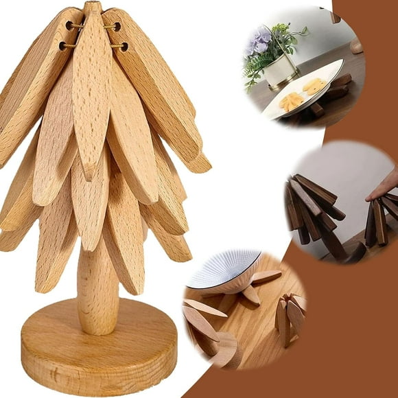 Wooden Tree Coasters - Artisanal Wooden Coasters Trivets Set,Black Walnut Wood Table Mat,Wooden Trivets For Hot Dishes,Black Walnut Magnetic Trivet,Natural Foldable Wooden Tree Trivet (3Pc,White)
