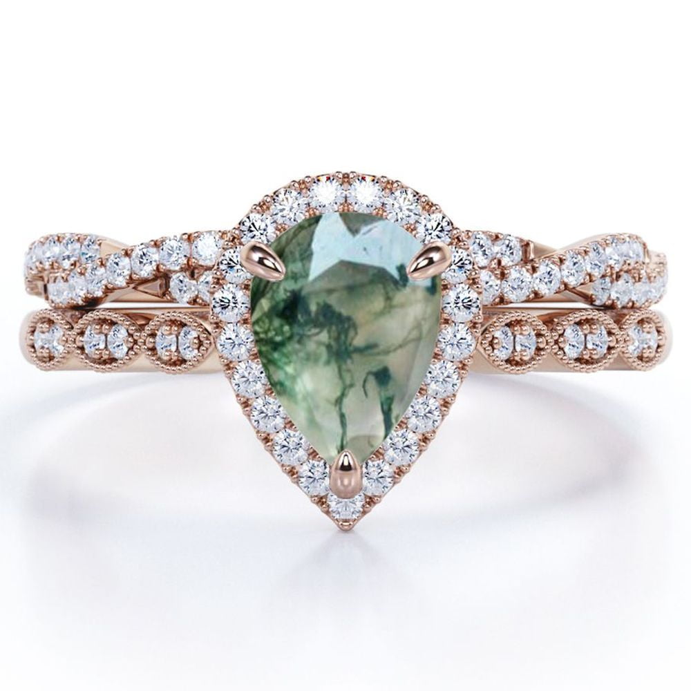 JeenMata Art Deco Filigree Milgrain - 1.5 Carat Almond Shaped Druzy Scenic Moss Green Agate and Moissanite - Halo Pave Crossover Wedding Set - 18K Rose Gold Plating over Silver