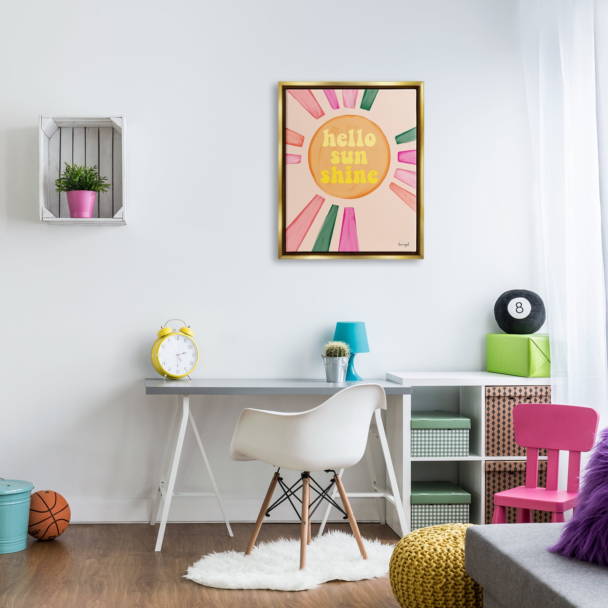 Stupell Industries Hello Sunshine Groovy Text Pink Green Sun Rays Graphic Art Metallic Gold Floating Framed Canvas Print Wall Art, Design by Ilene Segal