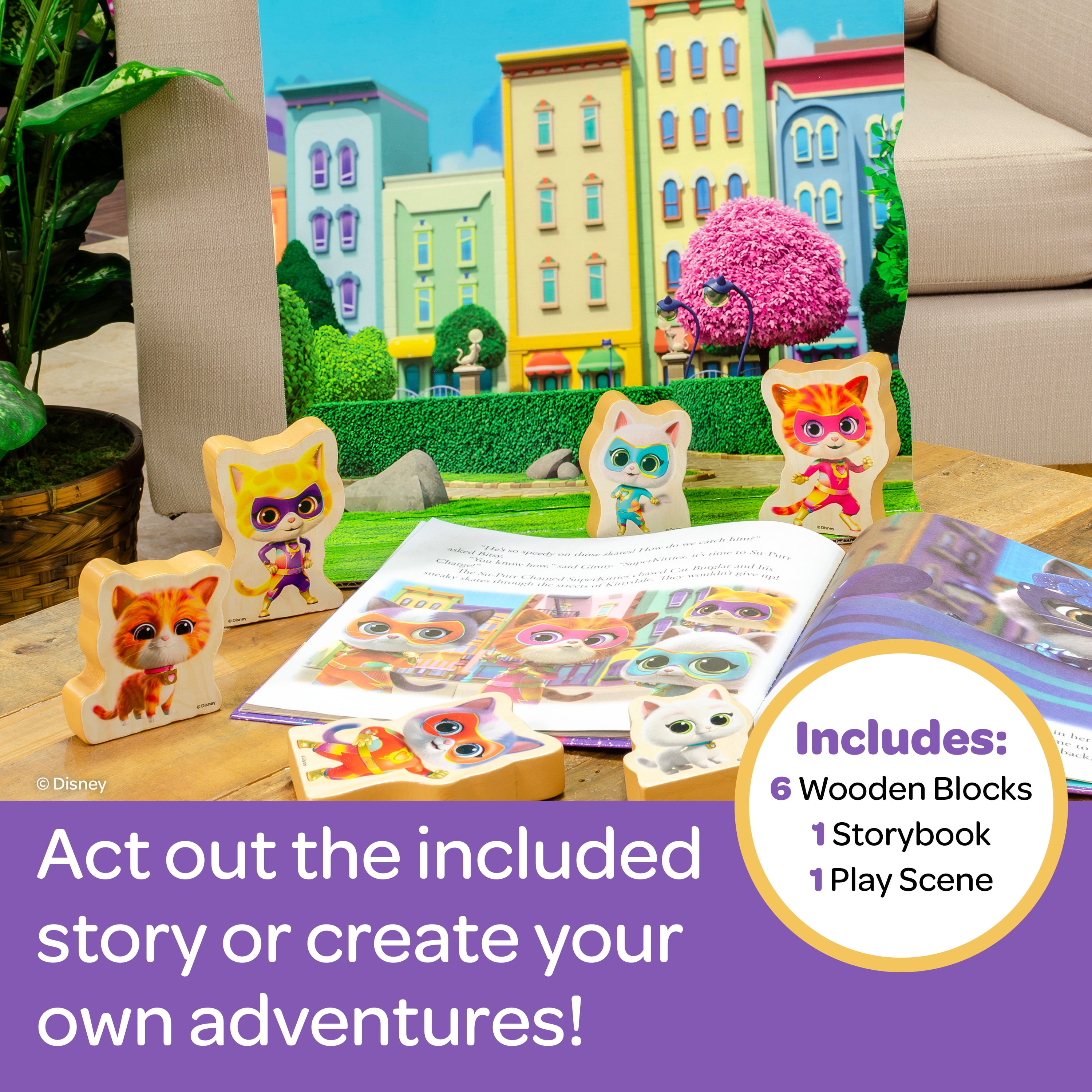 Disney Junior Super Kitties Wooden Playset for Toddlers – Storybook Village with 6 Figures, Imaginative Pretend Play Toy, Preschool Toys Ages 3+