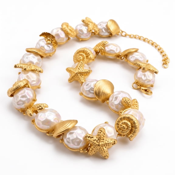RUNDRAW Gold Plated Ocean Theme Starfish Shell Iridescent Pearl Beaded Choker Necklace for Women