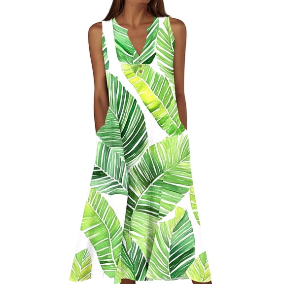 Makaor A Line Summer Dress for Women Midi Plus Size Sleeveless Dress Print V Neck Lounge Dress Multicolor 4XL