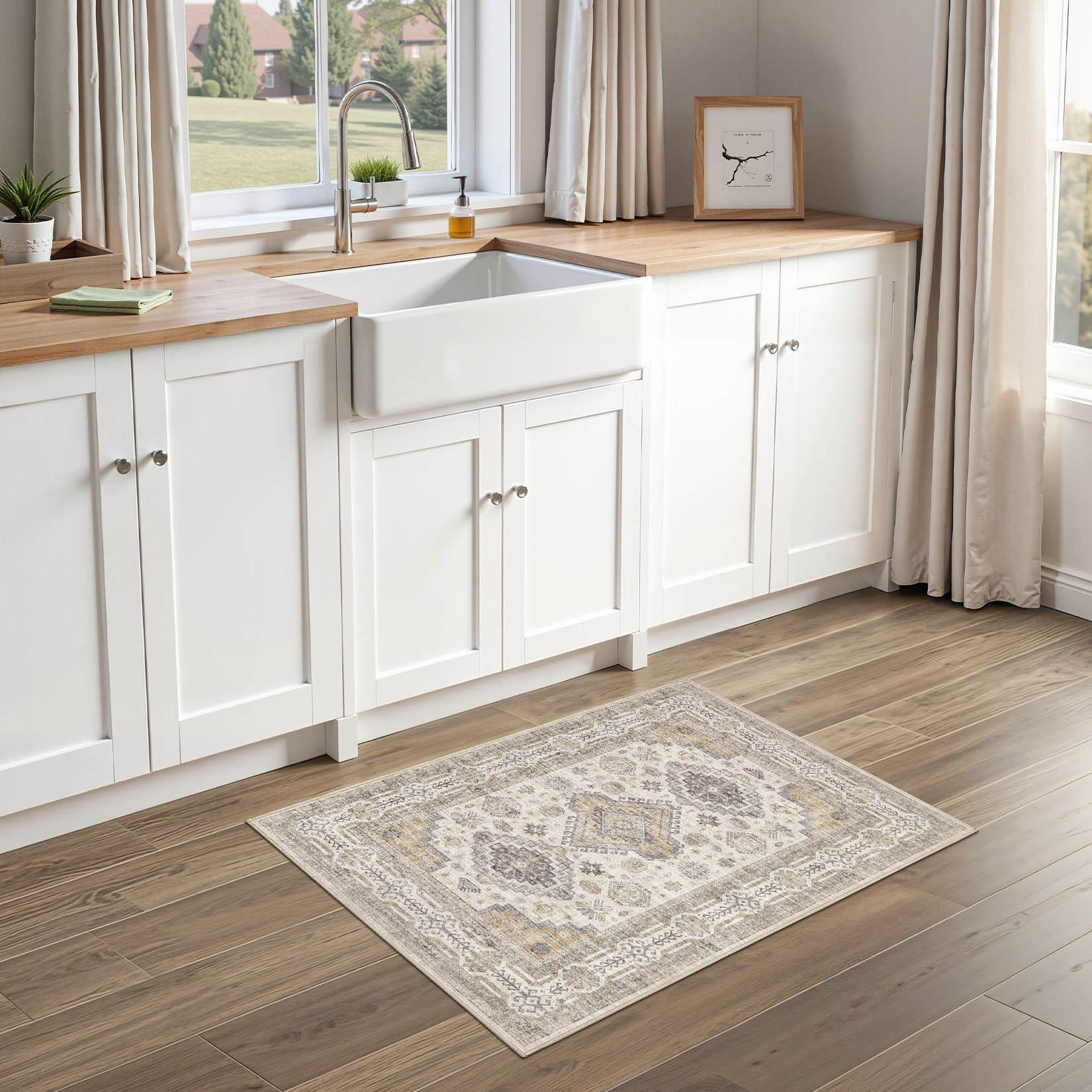 UERMEI 2'x3' Washable Area Rugs for Entryway, Modern and Vintage Non Slip Carpet, Low Pile Indoor Rug for Bathroom Home Decor Carpets, Beige Brown