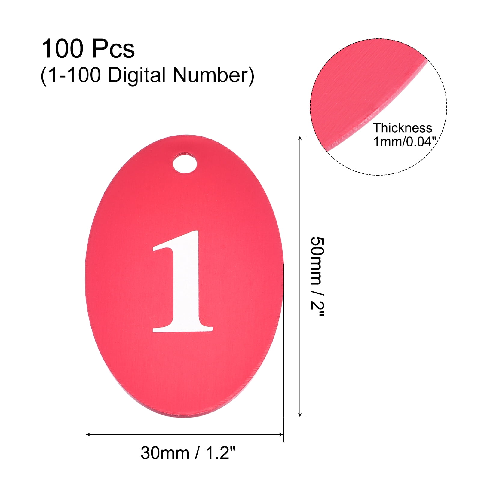 Uxcell Oval Number Tags Key Tag with Ring, 1-100 Numbered Red ID Tag for Coding, Decoration, Pack of 100