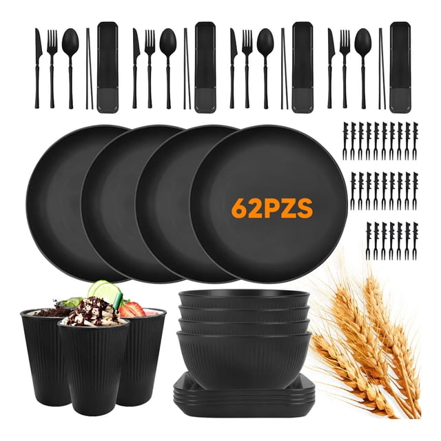 Juegos de Vajilla de Paja deTrigo (62 piezas),Platos y Tazones de Paja de Trigo Irrompibles Reutilizables,sin BPA,Aptos para Microondas y Lavavajillas,Perfecto para Camping,Picnic,RV,Dormitorio
