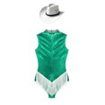 thumbnail image 4 of Xnihocha Women's Metallic Sleeveless Fringe Rumba Salsa Jazz Tango Latin Dance Leotard with Hat Green S, 4 of 5
