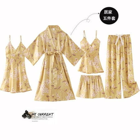 

DanceeMangoo 5PCS Robe&gown Set Women Lace Trim Satin Sleepwear Pyjamas Summer Bridal Wedding Nightwear Casual Home Wear Kimono Best Friend