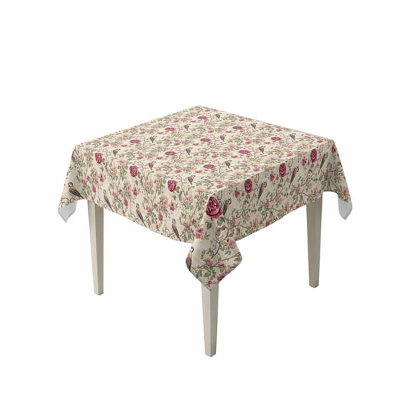 Vintage Pink Botanical Table Cloth, Spring Floral Summer Birds Waterproof Tablecloth for Square Tables, Reusable Washable Fabric Table Cover for Restaurant Kitchen Dining Tables 60"x60"