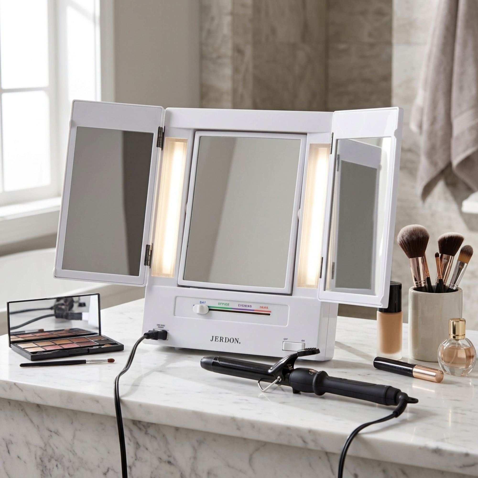 Jerdon Tri-Fold Makeup Mirror with Lights, White photo 6