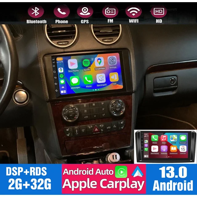 9in Android 13 Car Stereo Radio GPS Navigation Head Unit 2+32G for Mercedes Benz ML GL 2005-2011 Built-in Wireless CarPlay Android Auto Bluetooth WiFi FM/RDS SWC