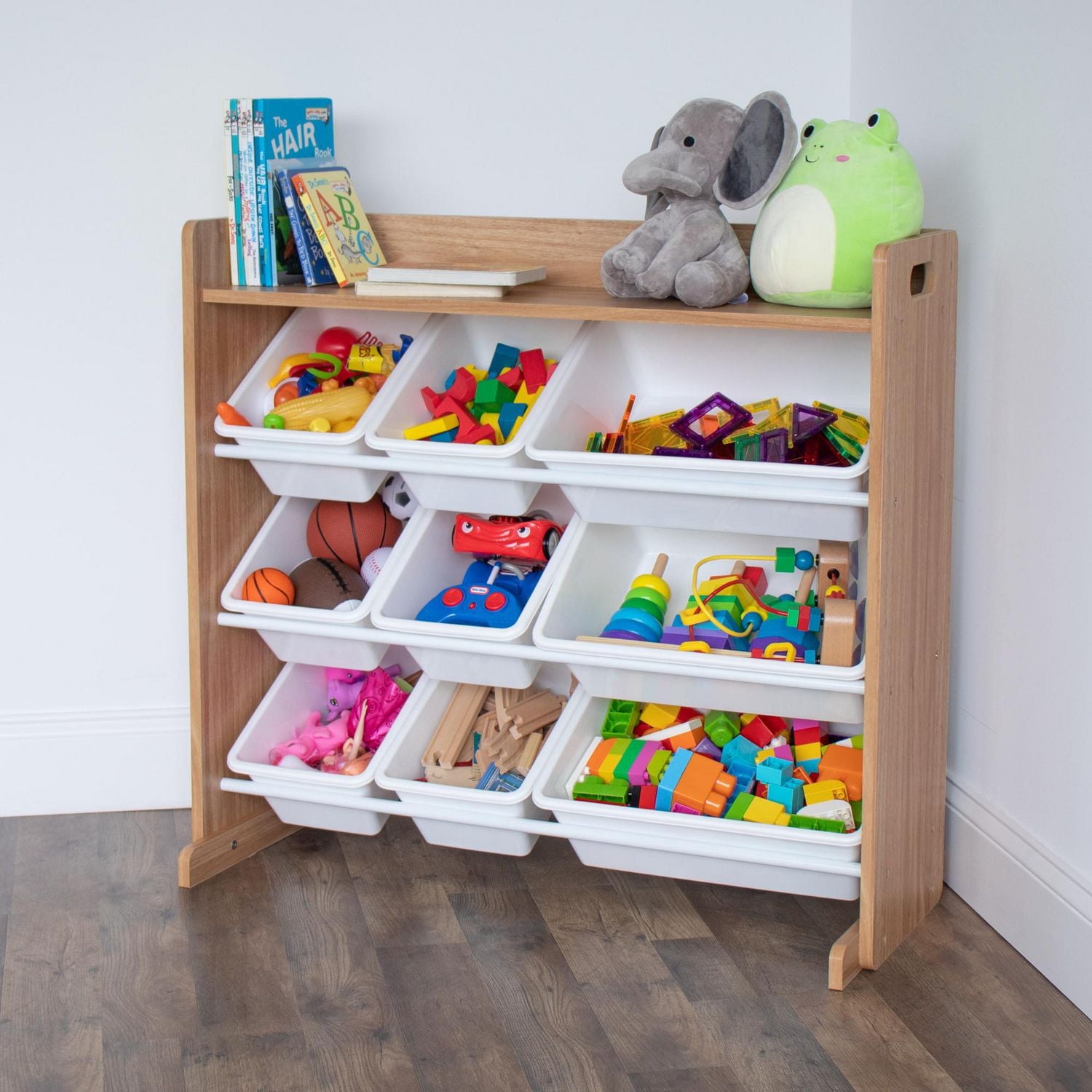 Humble Crew Journey Toy Storage Organizer with Shelf and 9 Storage Bins, Natural Wood/White