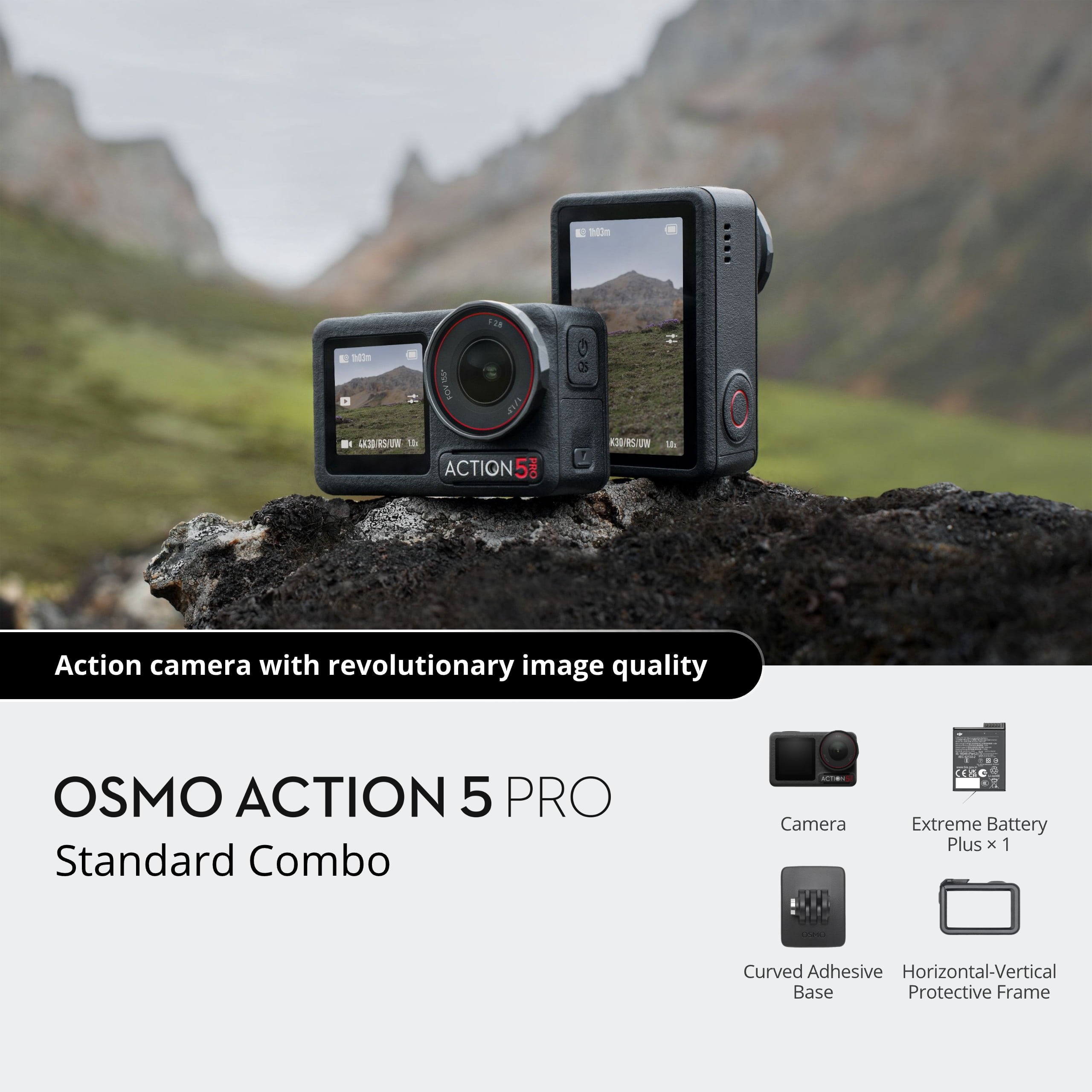 DJI Osmo Action 5 Pro Standard Combo - Action Camera Waterproof with 4K UHD Video, 1/1.3" Sensor, Dual Screens, Stabilization, For Vlogging, Sports & Travel + 64GB Card & 50 Piece Accessory Kit