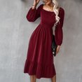 thumbnail image 4 of Women Square Neck Lantern Sleeves Dress Elastic Back Ruffle Stitching Pure Color A Line Casual Flowy Dress For Spring Autumn Wear, 4 of 6