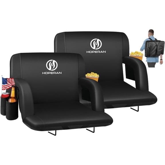 ZENPETIO 2pcs 25" Folding Stadium Seats for Bleachers  Reclining Portable Bleacher Chairs w/600D Waterproof Oxford Cloth Cushion Oversized Bleacher Seat for Outdoor Sports Black
