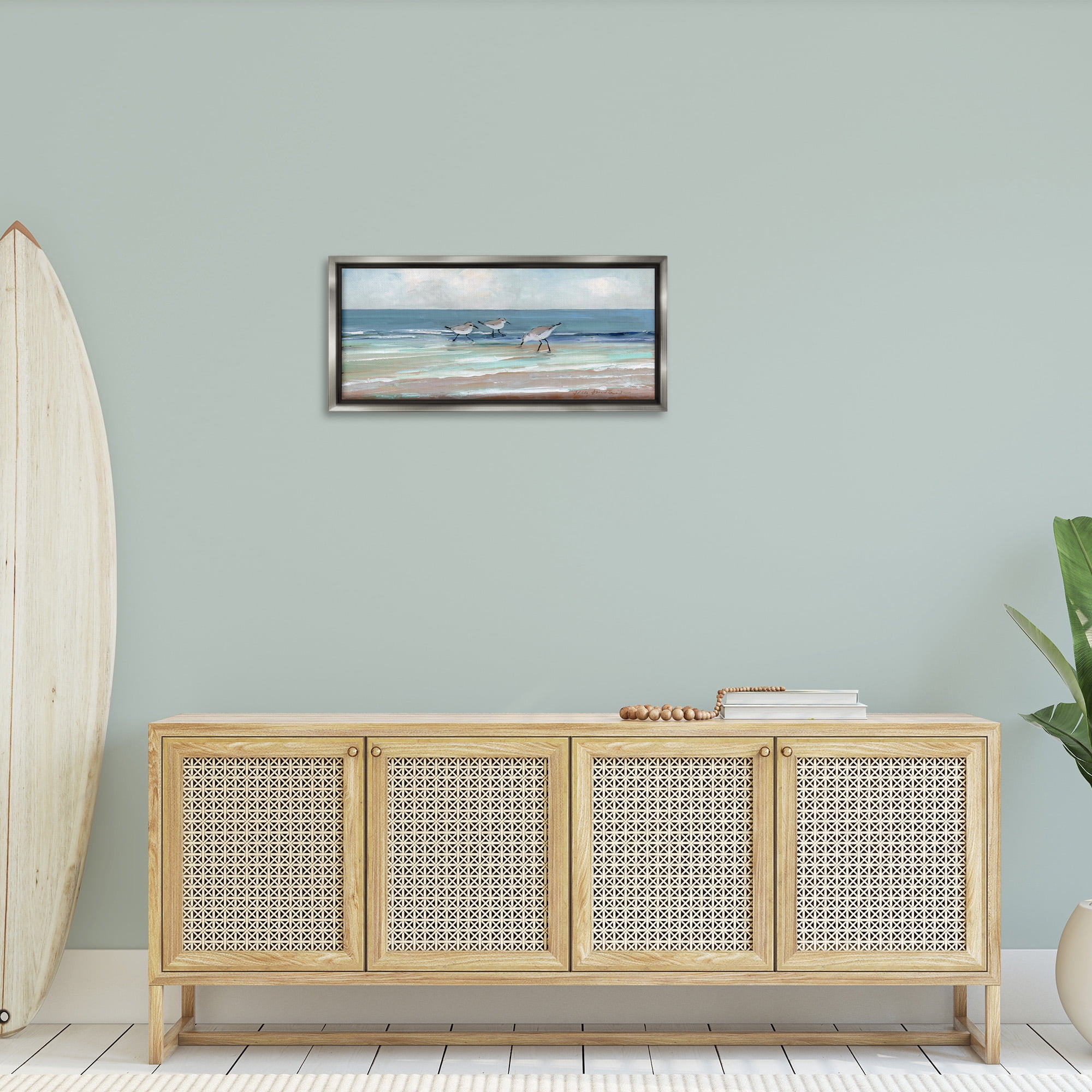 Stupell Industries Panoramic Sandpipers on Shoreline Nature Painting Gray Floater Framed Canvas Art Print Wall Art, 31 x 14