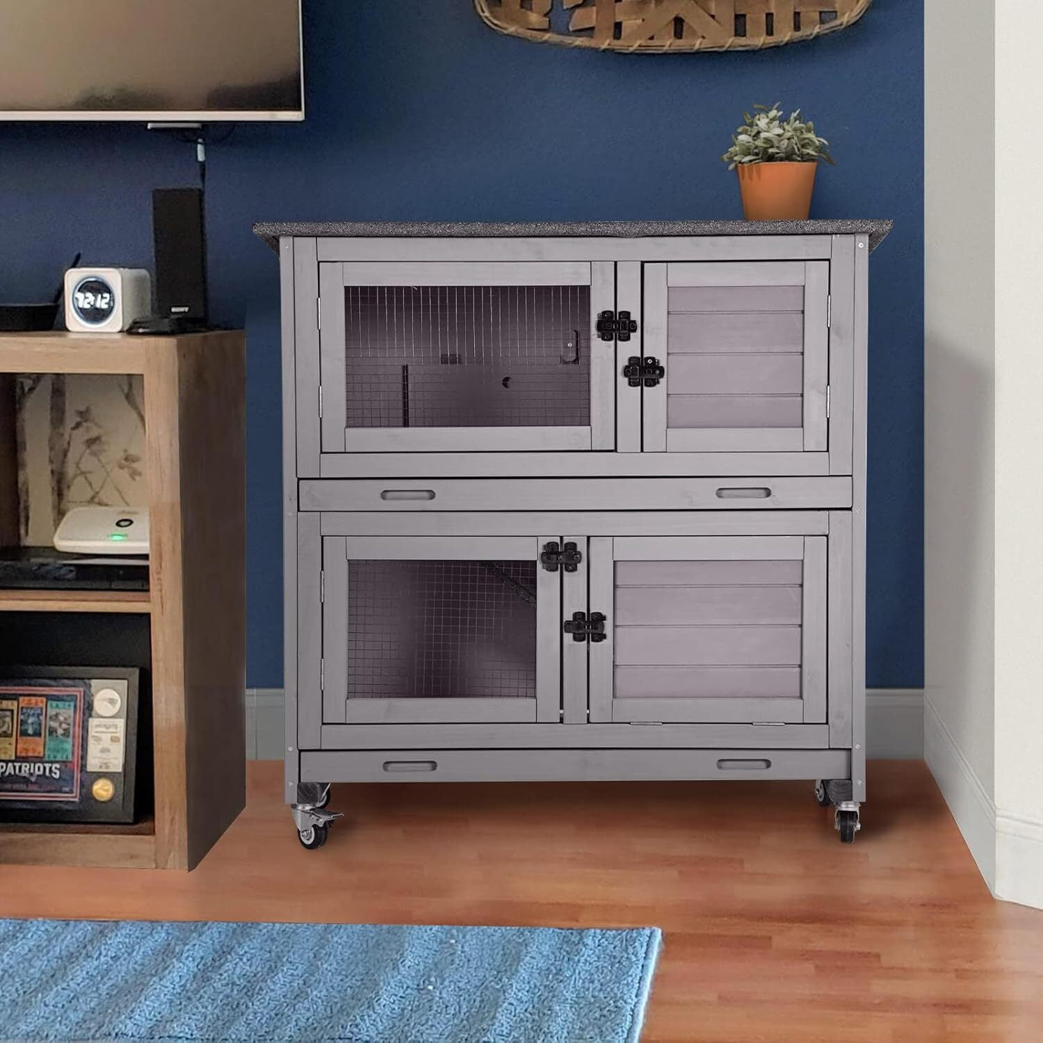 MEDEHOO Rabbit Hutch Bunny Cage, Guinea Pig Cage Bunny Hutch Indoor, Wood Pet Cage with 4 Casters -2 Story & 2 Trays (Grey)