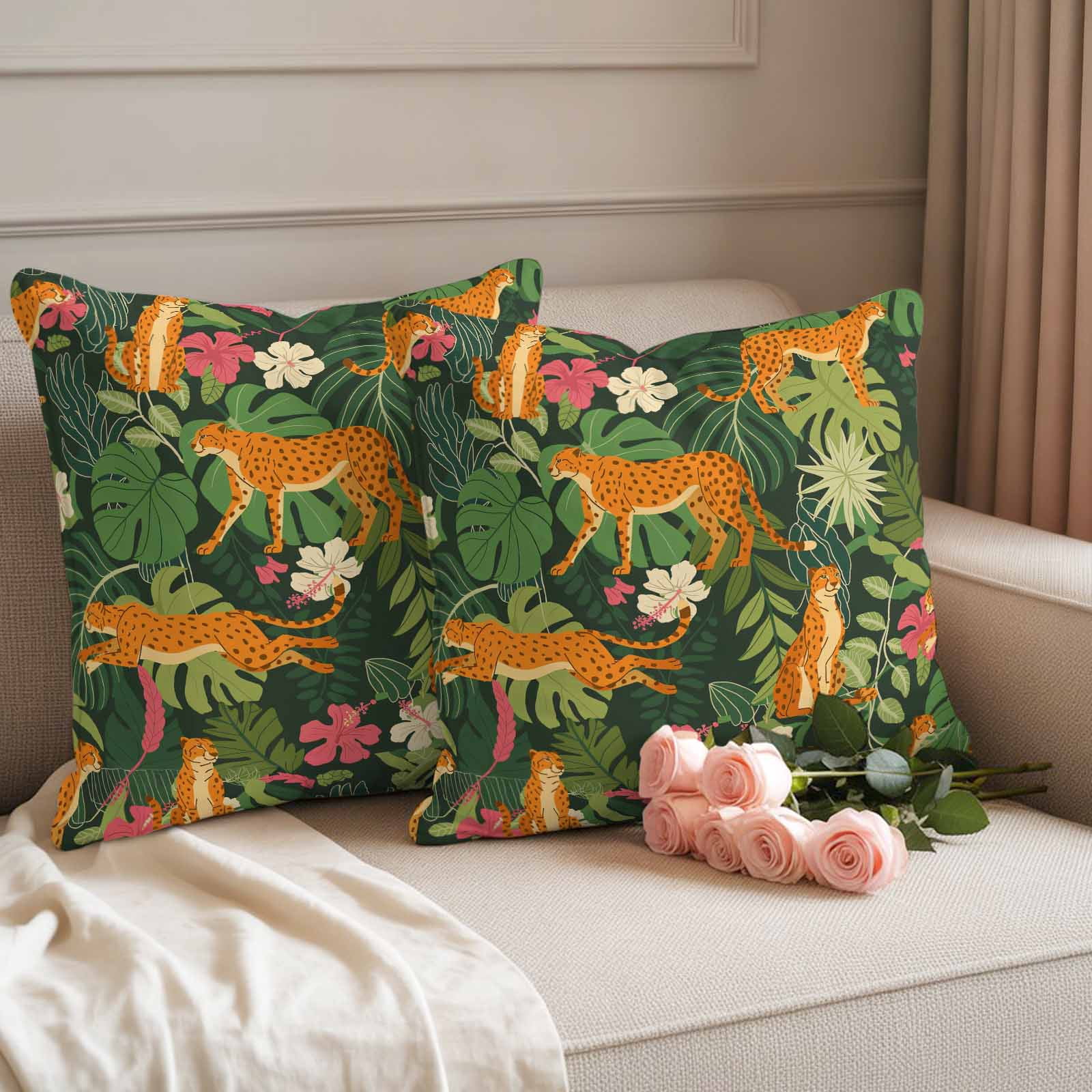 Tropical Plants Outdoor Waterproof Pillow Covers, Summer Botanical Animals Flowers Leaves Decorative Square Throw Pillowcase Sofa Cushion Sham for Patio/Couch/Chair, 18"x18" 2 Pack