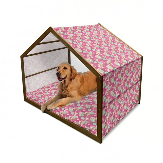 Traditional Pet House, Vivid Botanical Pattern from Taiwan Hakka Culture with Peony and Hibiscus, Outdoor & Indoor Portable Dog Kennel with Pillow and Cover, 5 Sizes, Pink Blue Green, by Ambesonne