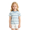thumbnail image 2 of Kids Striped Short Sleeve T-Shirt Embroidered Letter Crew Neck Tee Classic Horizontal Stripe Summer Casual Basic Top for Boys Girls(Blue,9-10 Years), 2 of 4