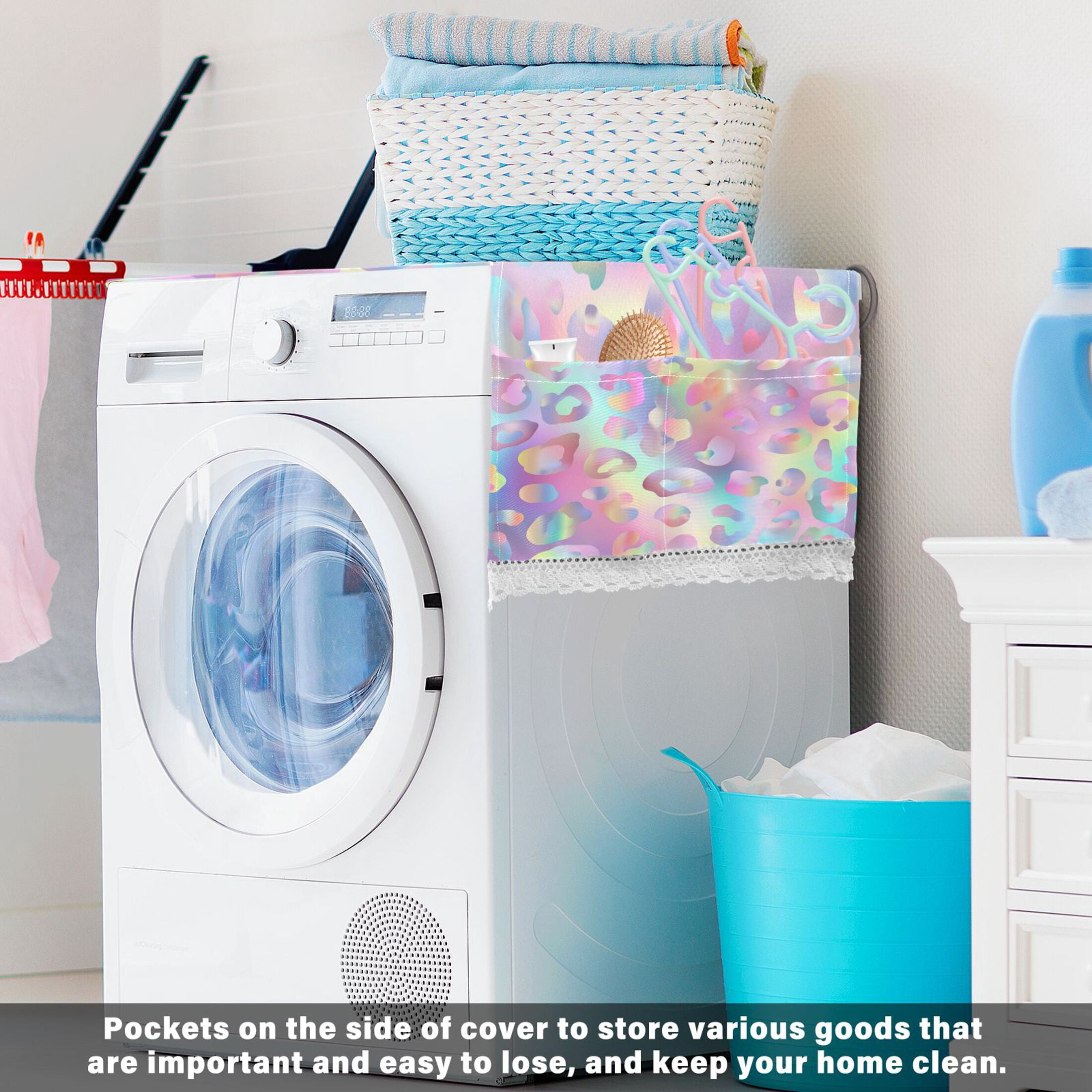 Washing Machine Cover 51.2x22in, Durable Polyester Dust Cover with Lace Trim and Side Pocket for Appliances Colorful Leopard Print