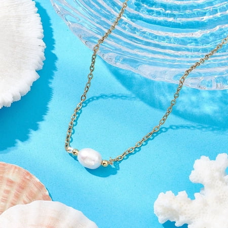 Mother's Day Jewellery Natural Cultured Freshwater Pearl Pendant Necklaces 304 Stainless Steel Jewelry for Women Golden Rice 16.73 inch(42.5cm)