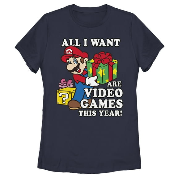 Women's Nintendo Christmas Mario All I Want Are Video Games  Graphic Tee Navy Blue Large