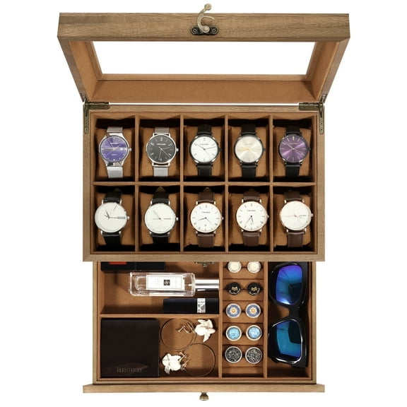 Uten 10-Slot Wooden Watch Box with Glass Top, 2-Layer Display Case Organizer with Removable Pillows for Watch & Jewelry Collection, Luxury Gift for Men, Brown