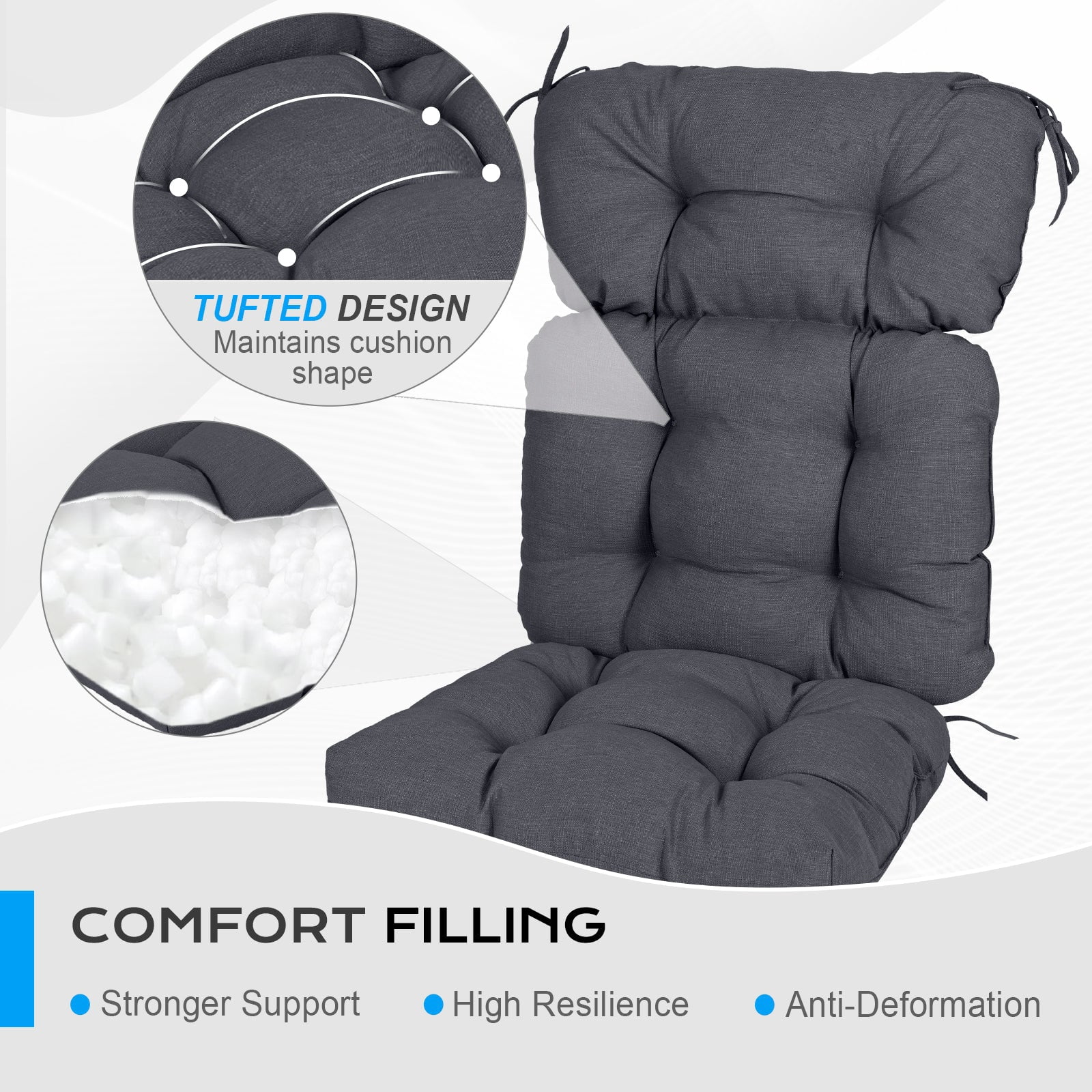 Aoodor Outdoor 45"x 22" x5" Tufted High Back Cushions Patio Replacement Chair Cushion with Ties, Water and Fade Resistant for All Weather (Dark Gray, Set of 2）