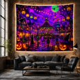 thumbnail image 6 of Glowing Carousel in Halloween Town with Pumpkins & Bats, Spooky Illustration for Dark Art Lovers, Vintage Horror Decor Halloween Gift, Tapestry Wall Hanging for Living Room and Dorm, 6 of 7