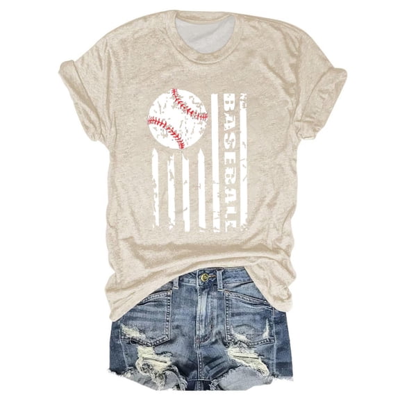 Womens Baseball American Flag T Shirt Patriotic Sports Print Short Sleeve Crew Neck Casual Baseball Mom Tee Tops