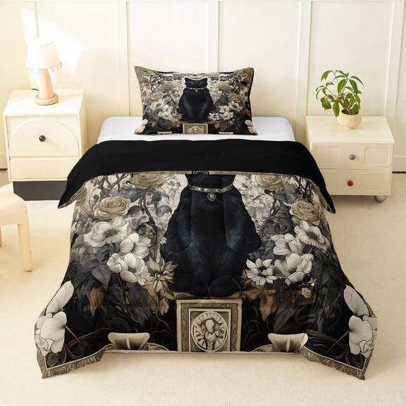 Homewish Skull Black Cat Twin Comforter Sets,Vintage Flowers Bedding Set,Cream Black,Halloween Duvet,Black Reversible,2pcs,1 Comforter and 1 Pillowcase