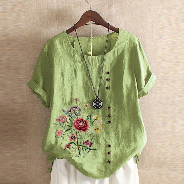 Fankiway Ensemble d'Été Décontracté pour Femmes Col Rond Manches Courtes Imprimé Floral Chemise Ample Tenues d'Été pour Femmes 6869 Pcs
