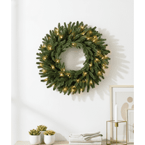 26 Inch Pre-lit Fraser Fir Christmas Wreath LED Clear Lights Artificial Greenery Front Door Decoration Holiday Wall Decor Festive Xmas Seasonal Round