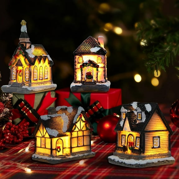 Senya Christmas Village Sets LED Lighted Christmas Village Houses with Figurines, Christmas Village Collection (4 Pack)
