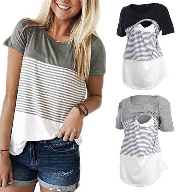 Women Pregnancy Summer Short Sleeve Stripe Tops T Shirt Nusring Maternity Blouse 