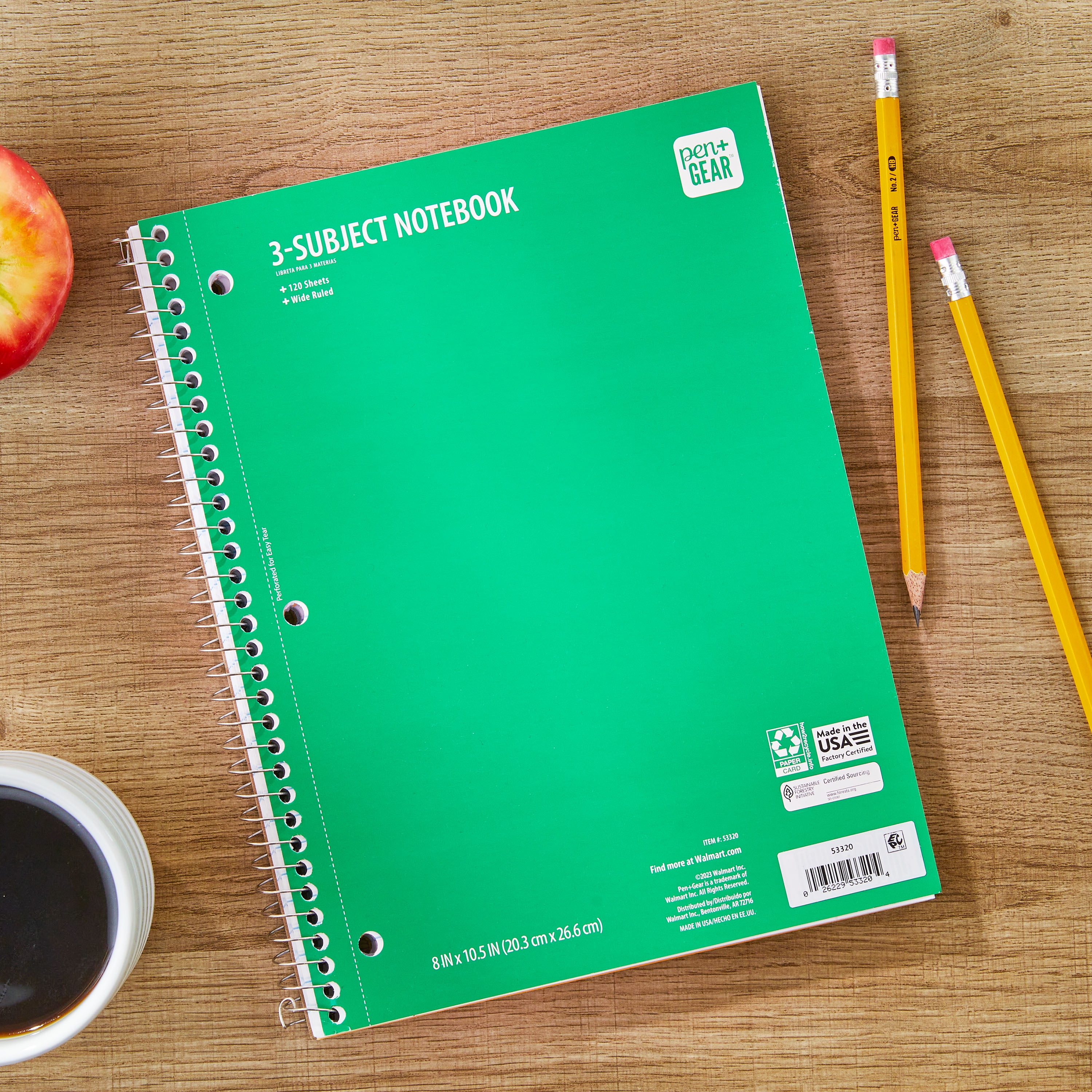 Pen + Gear Wide Ruled 3-Subject Spiral Notebook, Green, 10.5