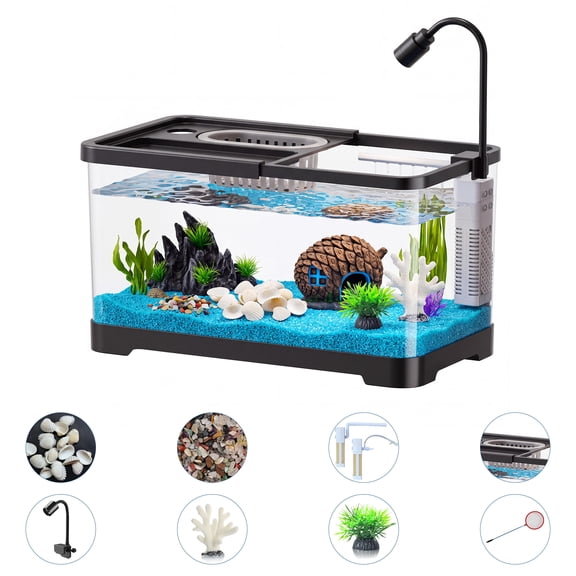 Strundghti Aquarium Starter Kit with LED Light, Filter & Air Pump, 8-Piece Fish Tank Set with Lid for Betta & Goldfish — Small & Large Options, Black