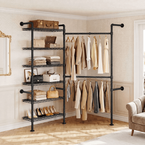 Rogalis L2 Wall Mounted Clothes Rack, Industrial Pipe Closet Organizers System with 2 Telescopic Rod & 6 Shelves