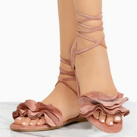 

Women Solid Color Ruffles Round Toe Flat Heel Cross Tied Sandals Roman Shoes