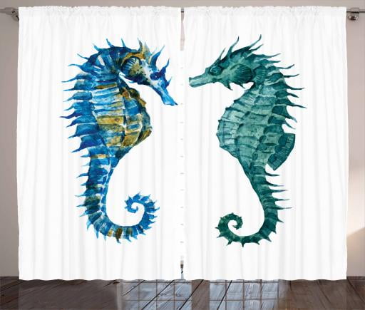 Seahorse Curtains 2 Panels Set Watercolor Inspired Retro Artwork