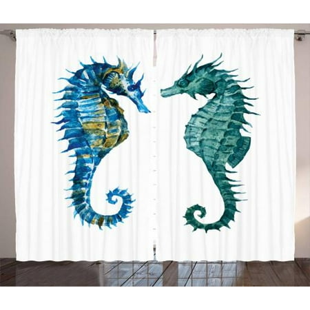 Seahorse Curtains 2 Panels Set Watercolor Inspired Retro Artwork