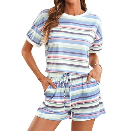 

ZXZY Women Multicolor Striped Short Sleeve Tie Waist Shorts Pajama Set