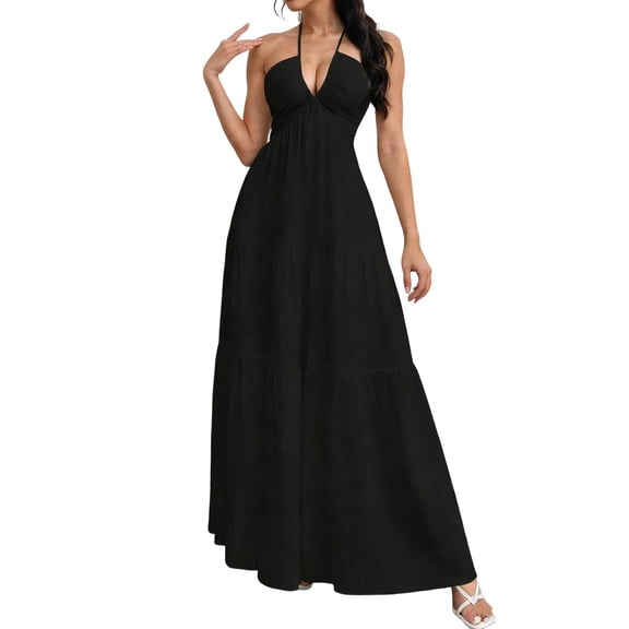 Htigea Summer Women's Maxi Dresses Cotton Linen Halter V Neck A-Line Dress Solid Color Beach Vacation Sundress Black S