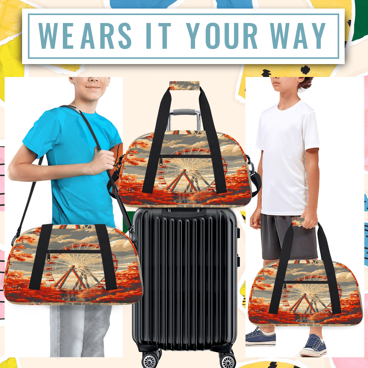 Herdesigns Ferris Wheel Sports Duffle Bag for Women & Men, Romantic Theme Gym Bag Dance Bag Overnight Bag Carry On Weekender Travel Bag