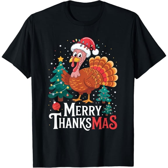 Merry Thanksmas Happy Thanksgiving Santa Turkey Funny T-Shirt